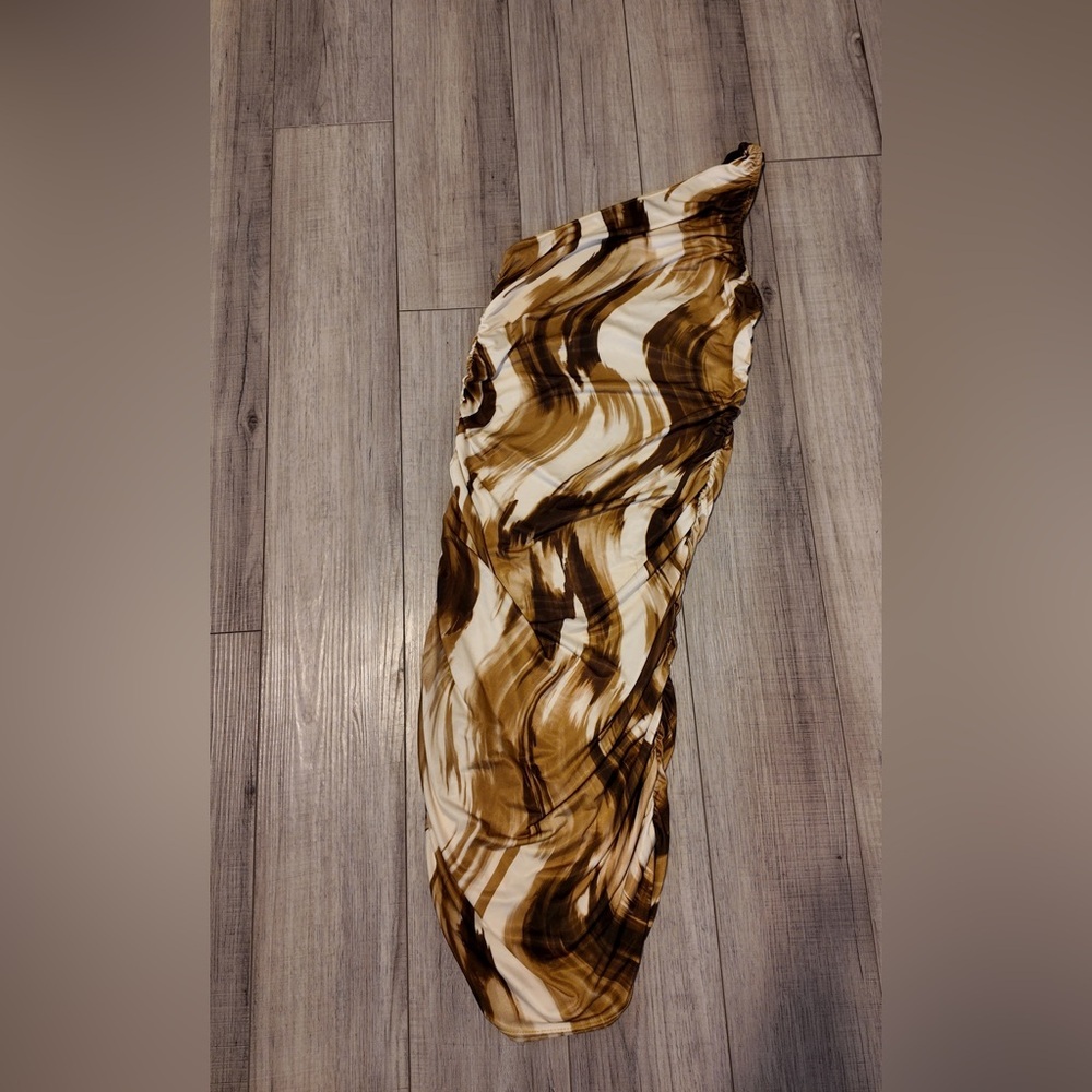 Brown PrettyLittleThings one shoulder dress with gorgeous detailing